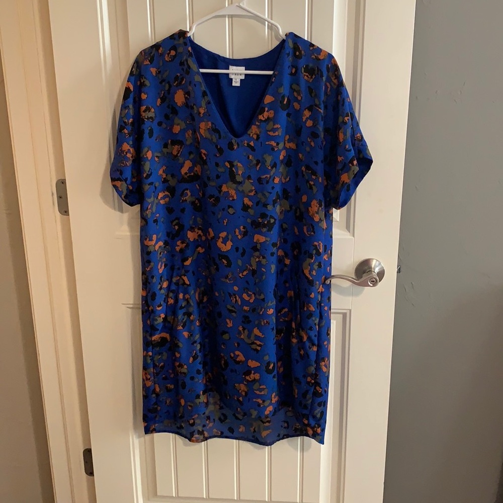Blue Leopard Print V-Neck Shift Dress